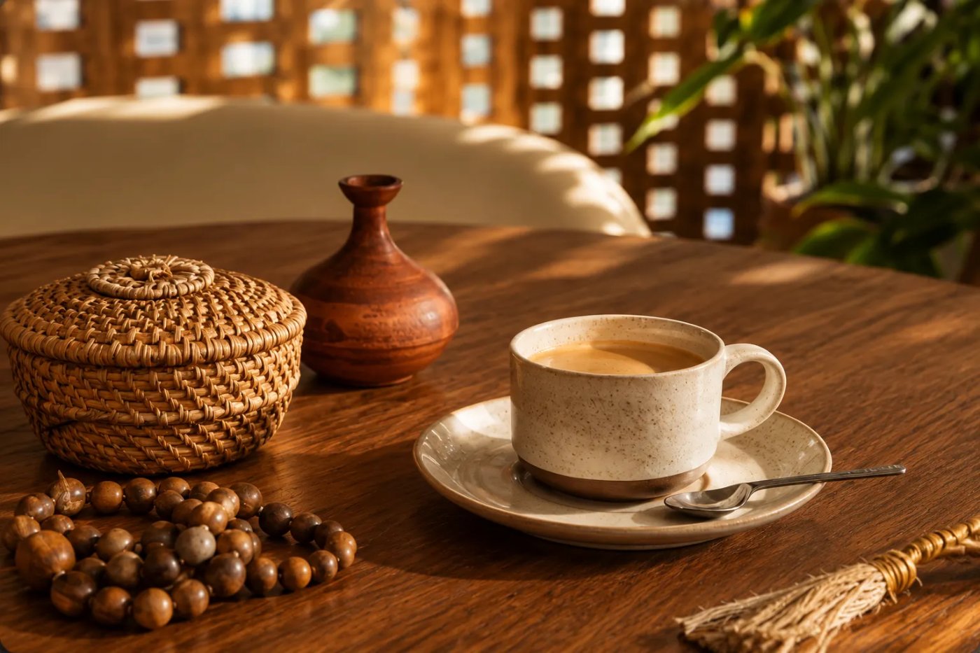 Café servido em xícara de cerâmica na Amaní Lounge