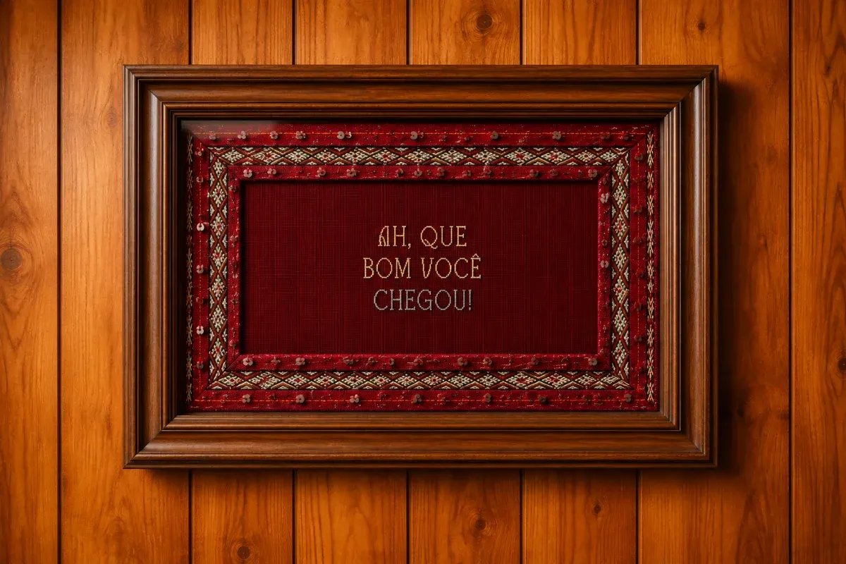 Quadro bordado com a frase “Ah, que bom você chegou” na Amaní Lounge